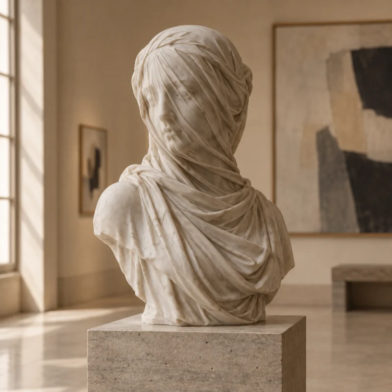 Un busto drappeggiato in uno spazio espositivo