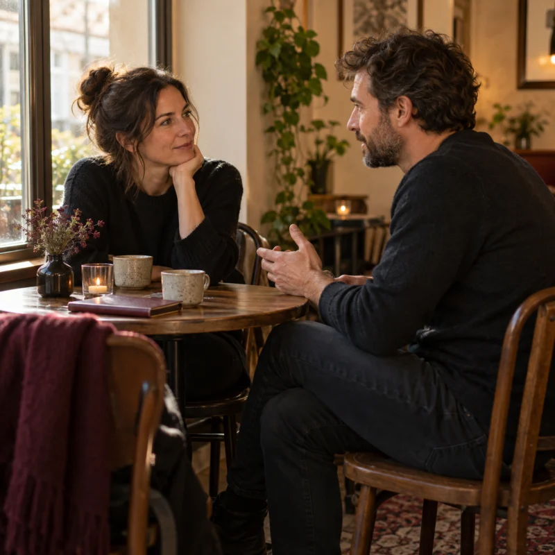 Due persone conversano davanti a un caffè