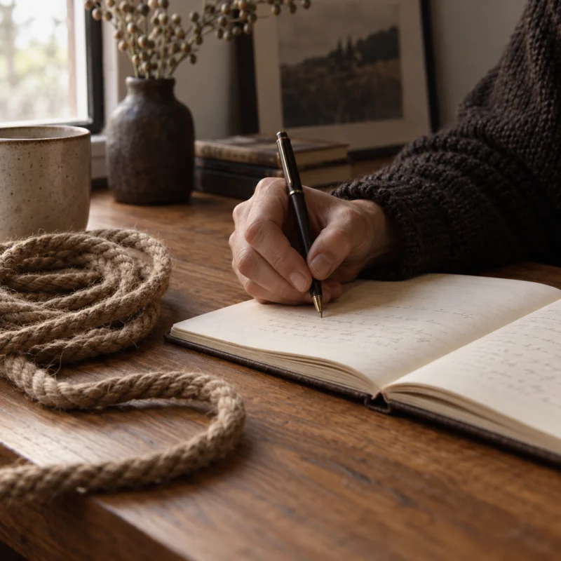 Una mano scrive su un taccuino accanto a una corda
