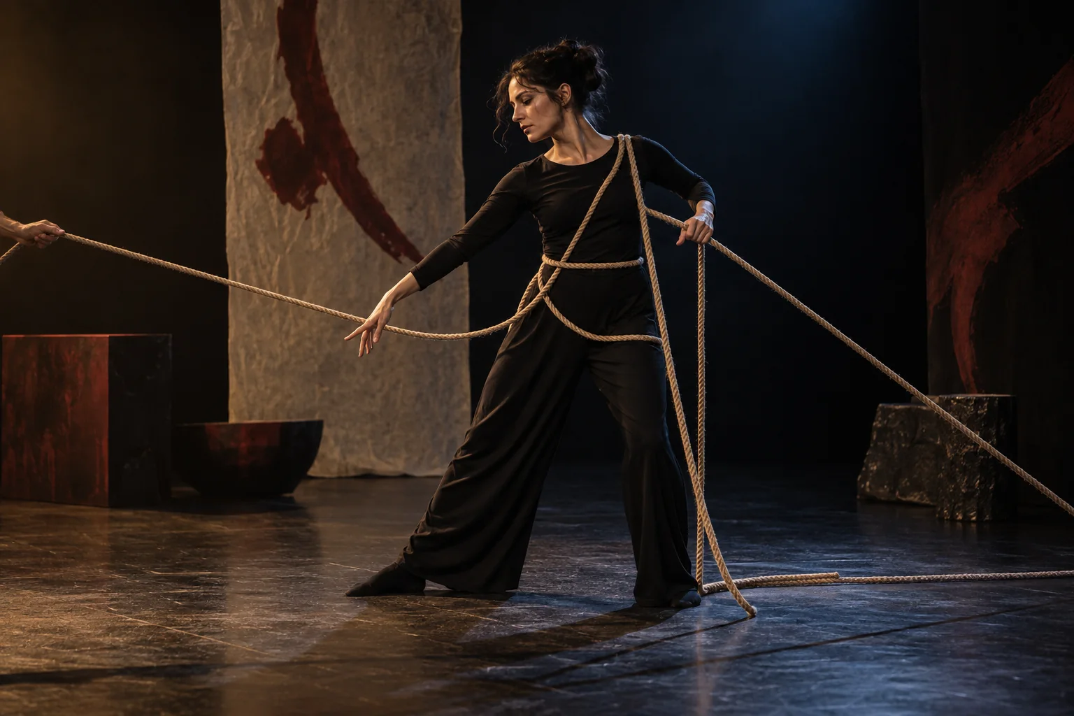 Una performer vestita di nero si muove tra corde di juta tese, su una scena illuminata da toni caldi e blu.