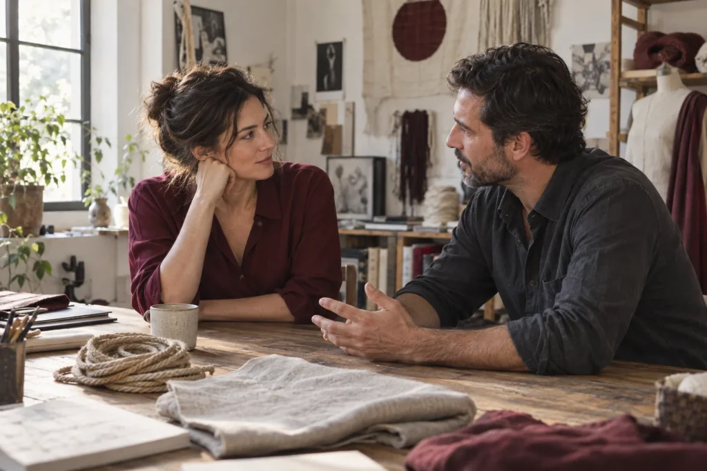Due adulti conversano a un tavolo con corde e tessuti in un atelier.