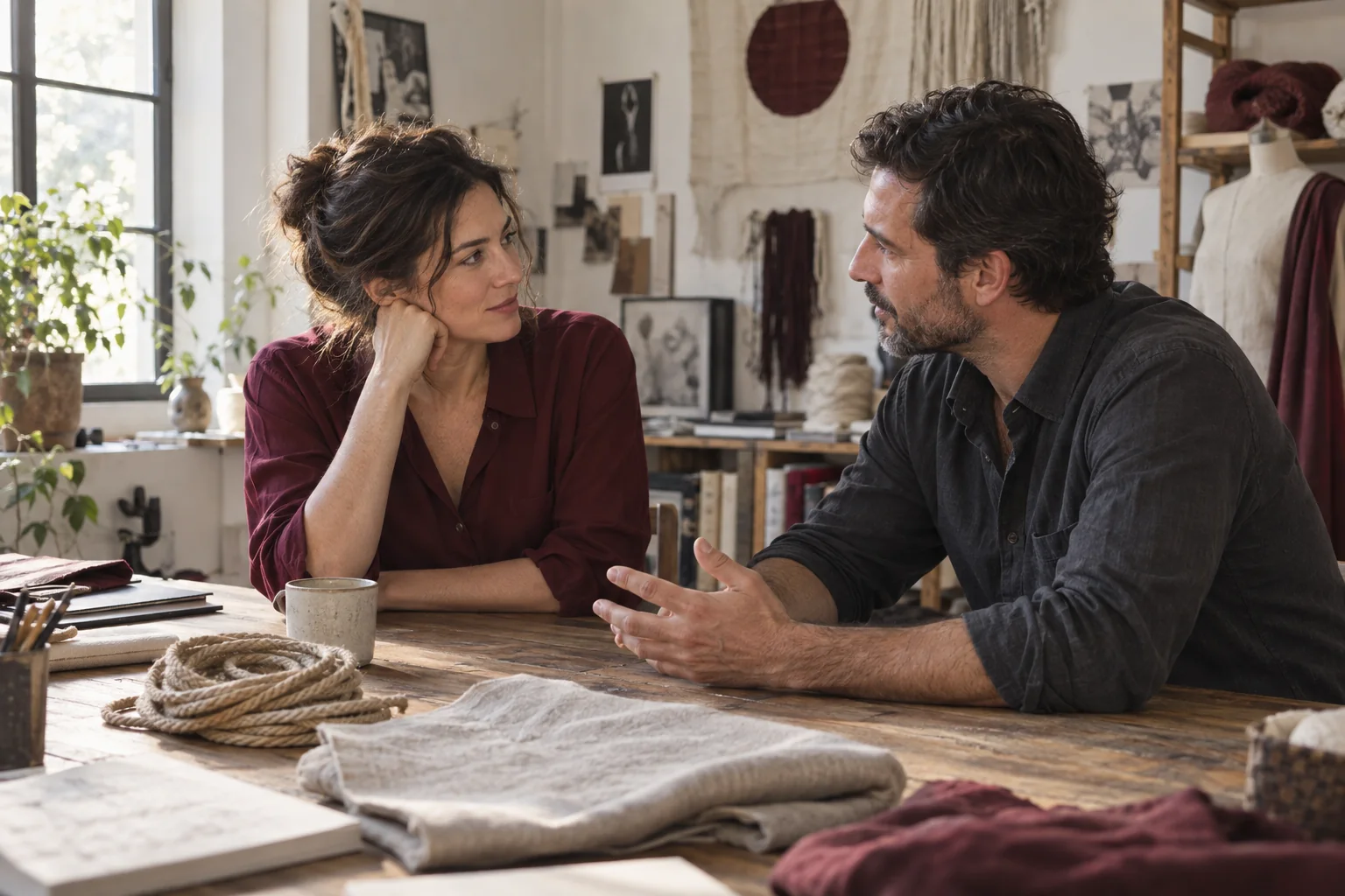 Due adulti conversano a un tavolo con corde e tessuti in un atelier.