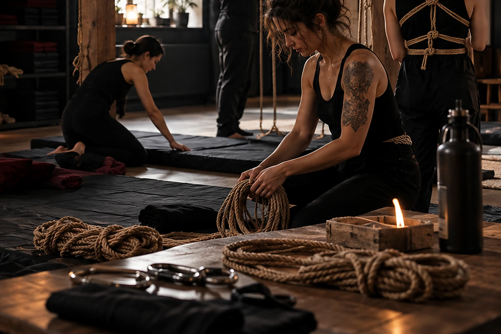 Materiali controllati e sicurezza nella pratica con le corde Corde di juta e strumenti vengono controllati prima di una pratica Shibari