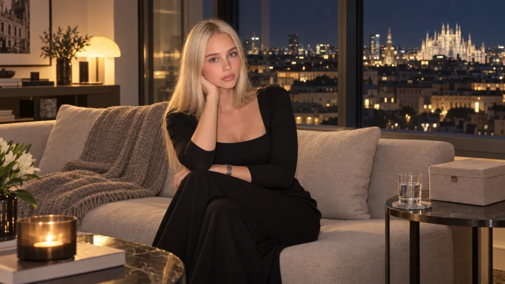 Donna bionda in abito nero seduta su un divano accanto a una coperta e a un bicchiere d’acqua, con vista urbana serale sullo sfondo.