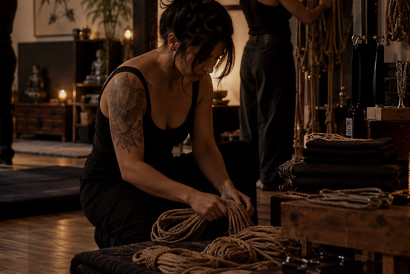 Ciò che resta quando le corde vengono riposte Le corde vengono raccolte con cura alla fine di una serata Shibari