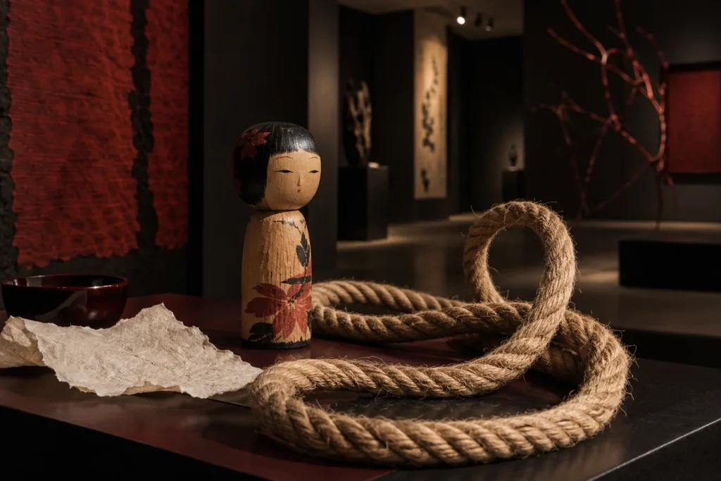 Una bambola kokeshi dipinta accanto a corde di juta, in una galleria dai toni rossi e neri.