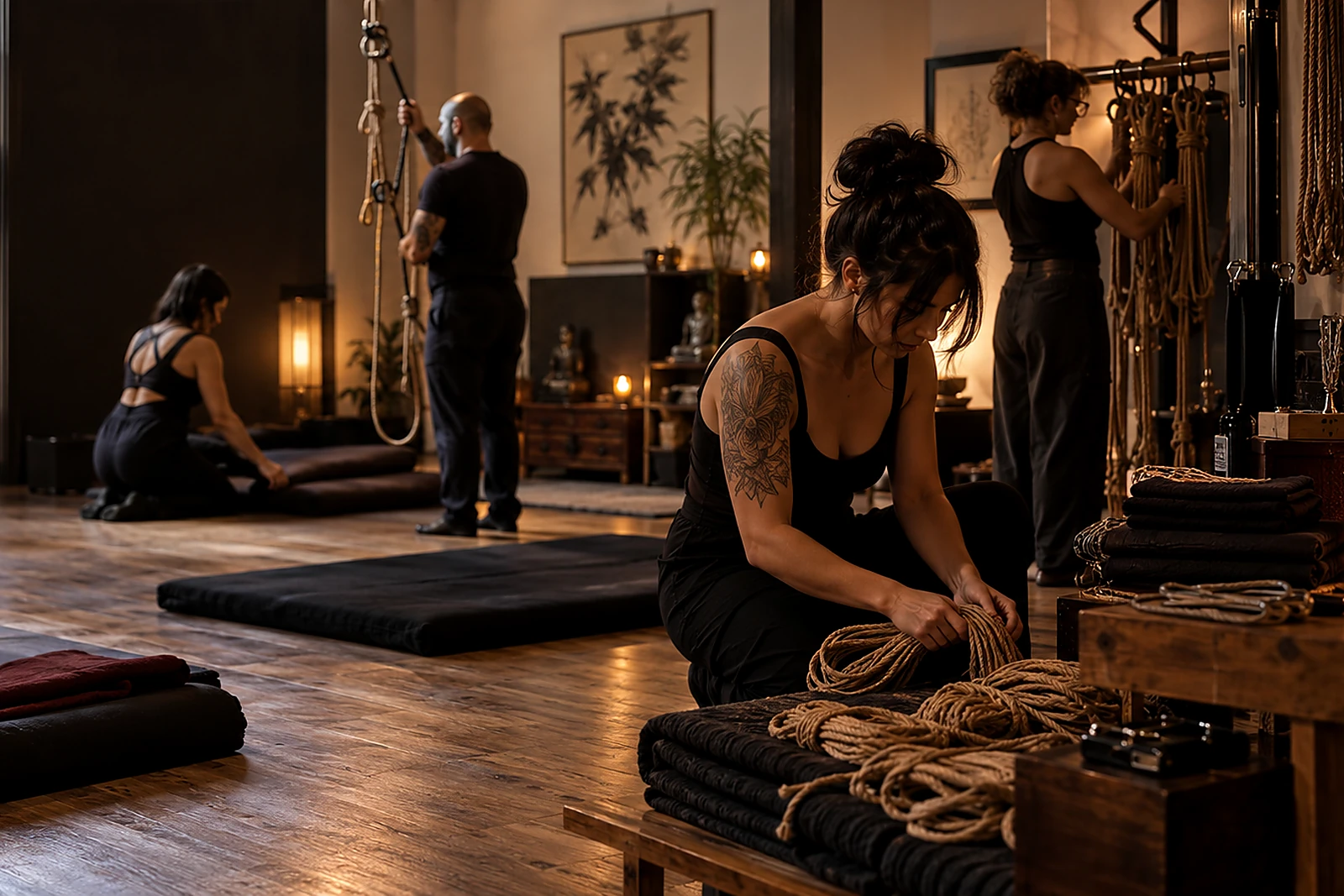 La nascita di uno spazio Shibari comincia dalla preparazione Una praticante prepara corde e materassini in uno studio Shibari