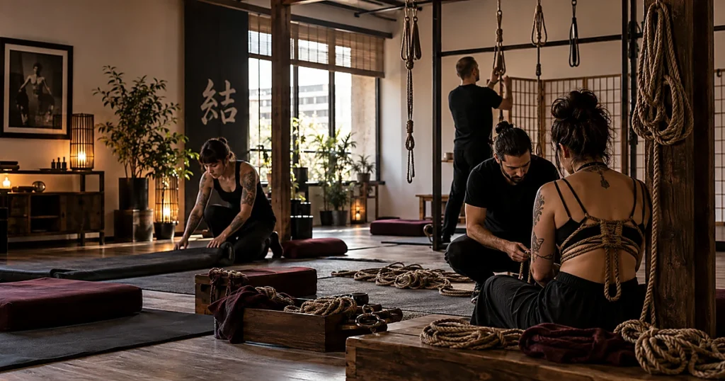 Una comunità prepara uno spazio Shibari prima di un workshop