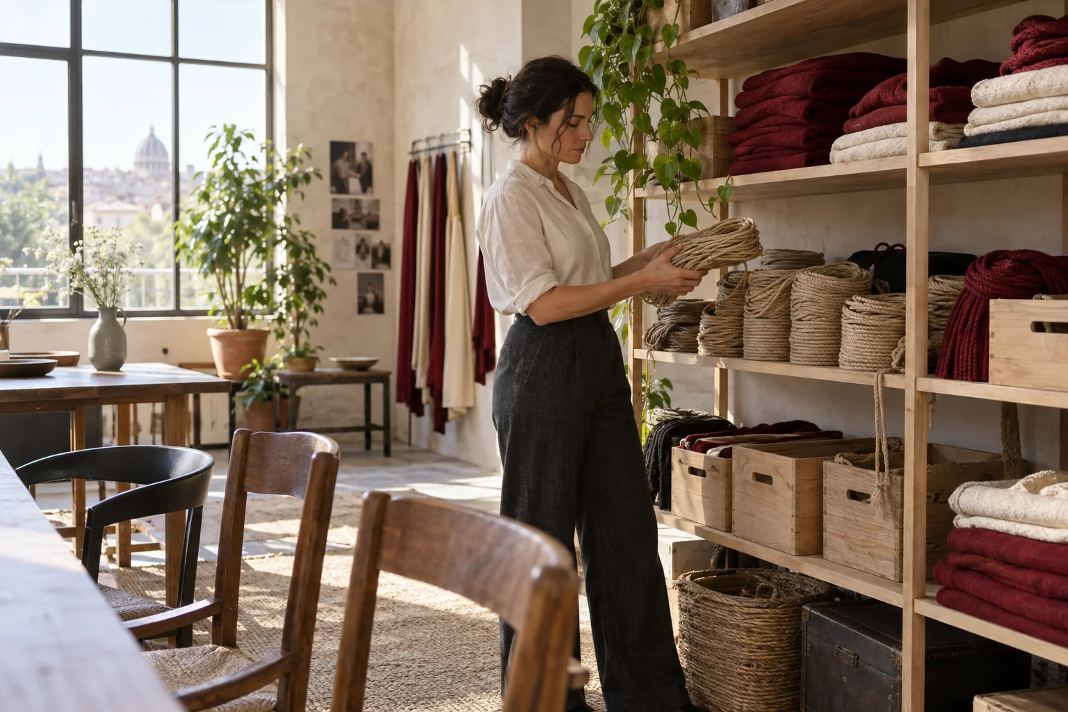 Una donna tiene una matassa di corda davanti agli scaffali di un atelier.