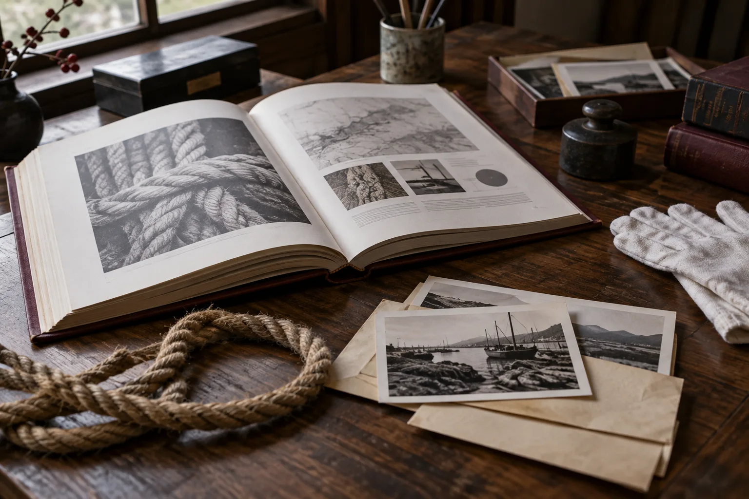 Un libro d'archivio aperto, fotografie storiche e una corda naturale su un tavolo di studio.