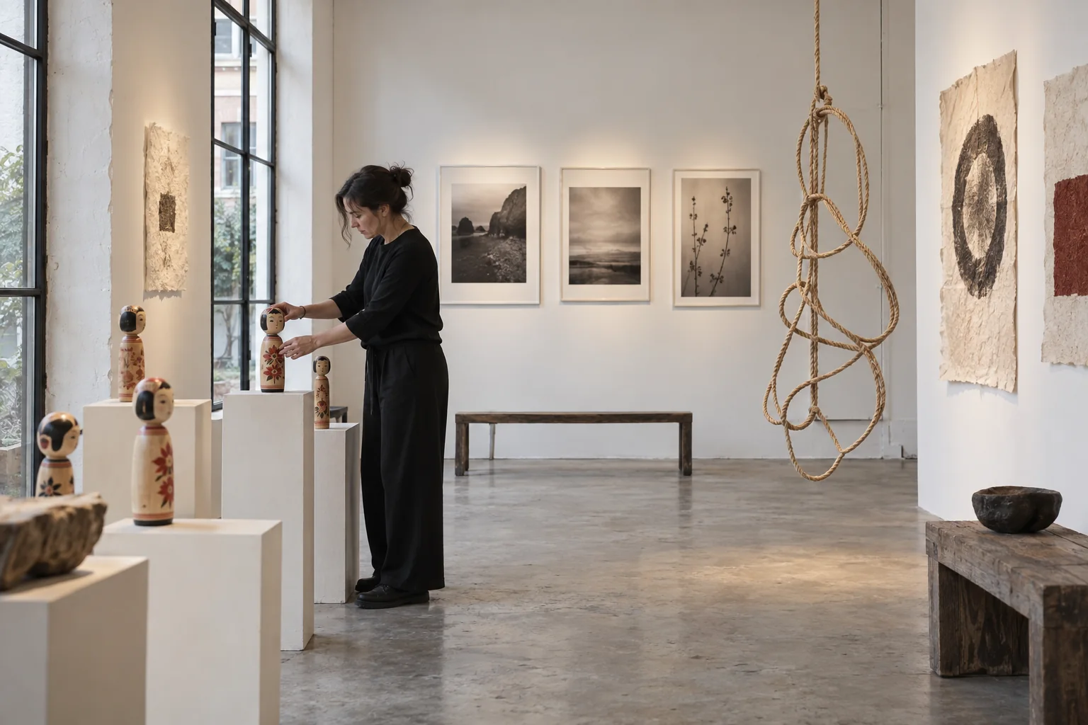 Una curatrice sistema alcune kokeshi in una galleria con fotografie, opere su carta e corde sospese.