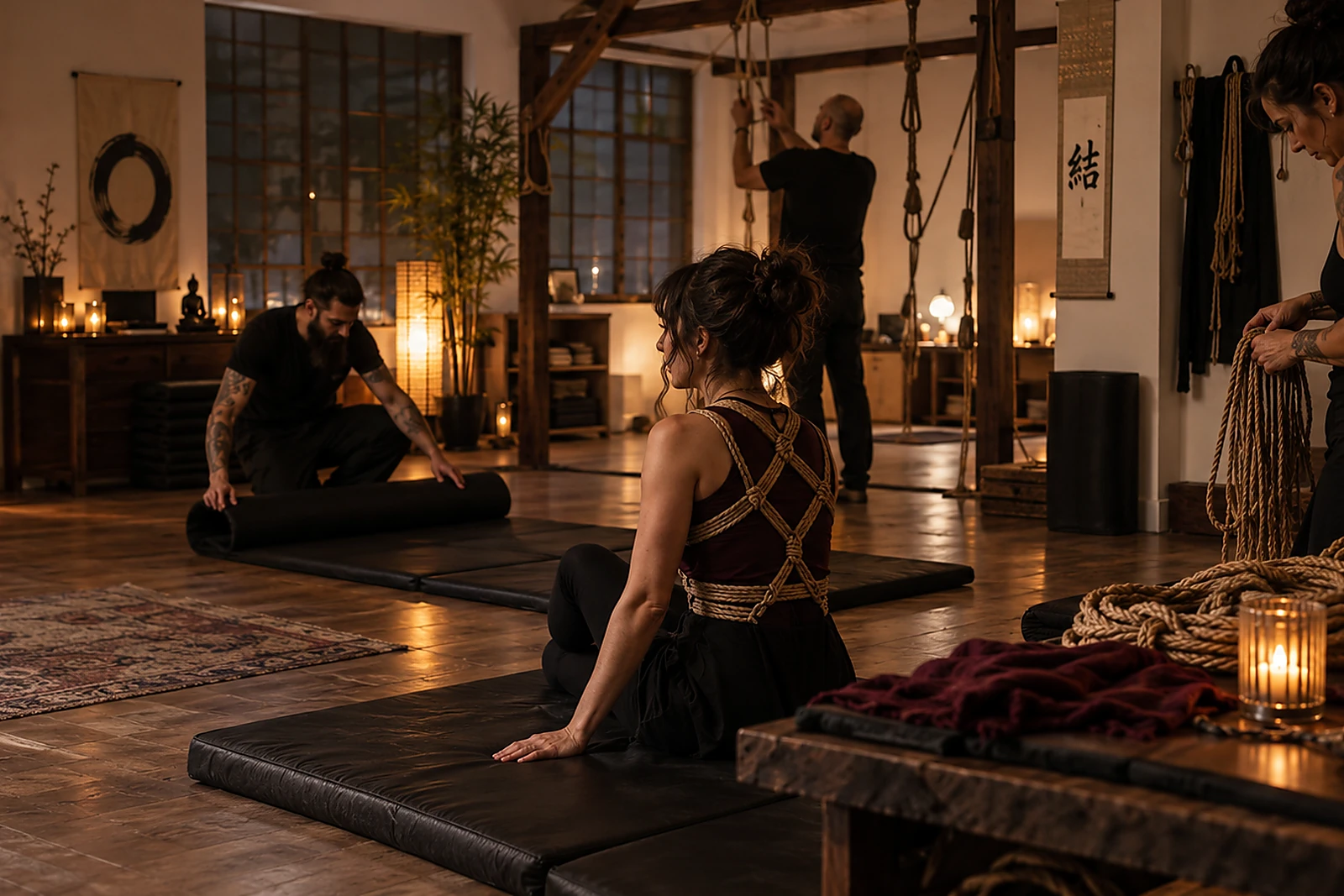 Un workshop Shibari costruito intorno alle persone Un gruppo di adulti prepara un workshop Shibari accessibile e inclusivo