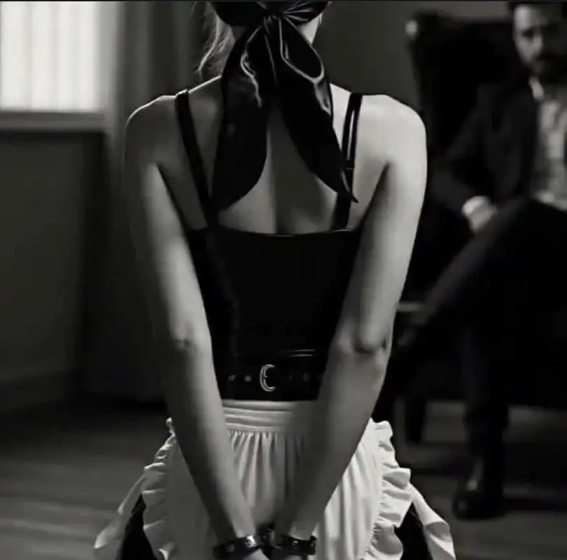 Una donna di spalle con i polsi uniti.