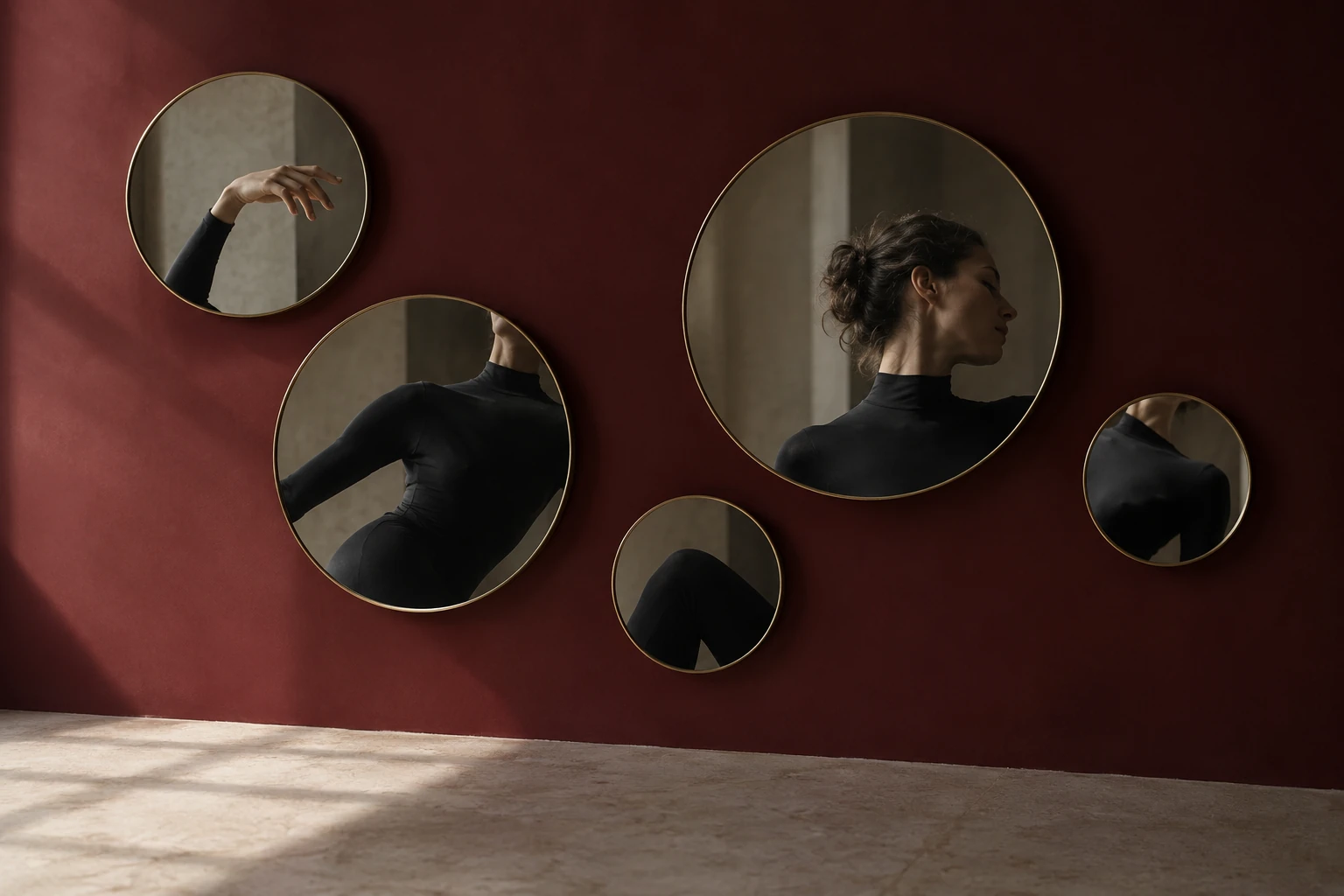 Una donna riflessa per frammenti negli specchi.