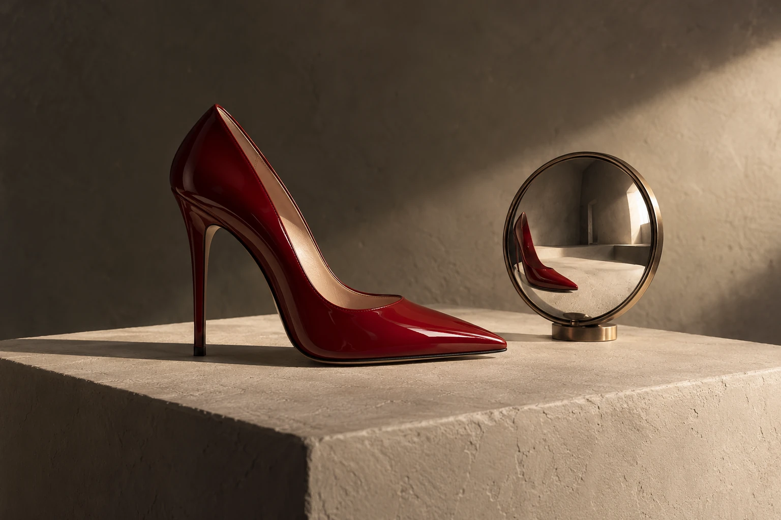 Una scarpa lucida accanto al suo riflesso.